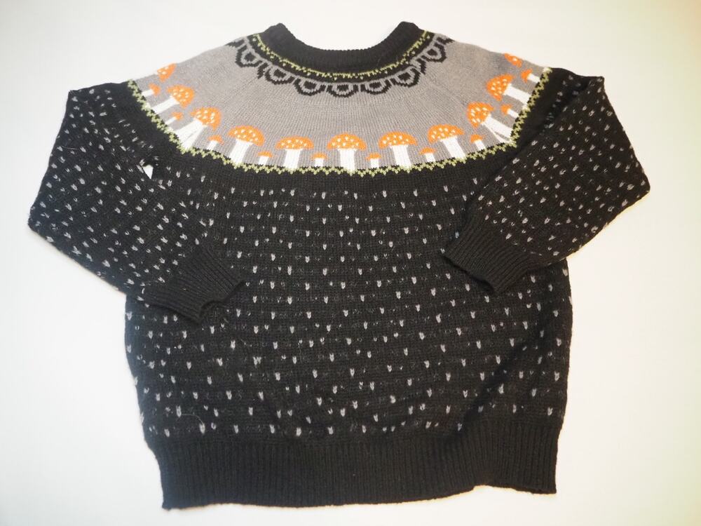 Mushroom Fair Isle Sweater Womens XS Black Gray Knit Woodland Cottagecore